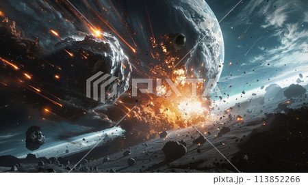 Explosive asteroid collision in space. Digital artwork for poster and background.. AI generative 113852266