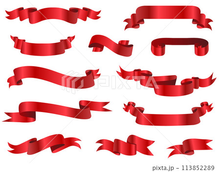 Red ribbons, realistic glossy red tape banner elements. Red Bow With Ribbons Set. Vector illustration EPS10 113852289