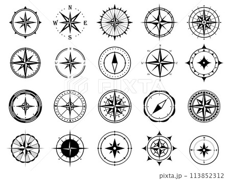 Vintage marine wind rose, nautical chart. Compass icons set. Compass rose sign. Compasses for travel map. Navigation arrow symbols. 113852312