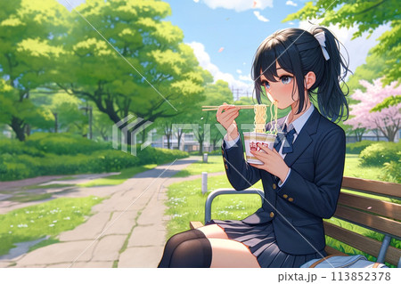 公園で食事をする女子高生 (AI生成画像) 公園で食事をする女子高生 (AI生成画像) 113852378