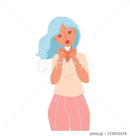 Beautiful girl blows a kiss. Sincere character. Vector illustration 113852876