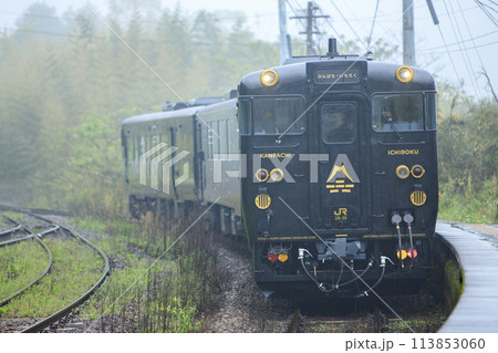霧のかかる久大本線を行く観光列車「かんぱち・いちろく」（JR九州） 113853060