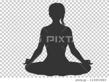 Full body front silhouette of a woman in Sukhasana easy sitting yoga pose 113853083