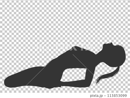 座って背中を反らすストレッチをしている女性の全身横向きのシルエット 座って背中を反らすストレッチをしている女性の全身横向きのシルエット 113853099