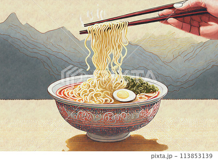 美味しそうなラーメンの 箸上げ 113853139
