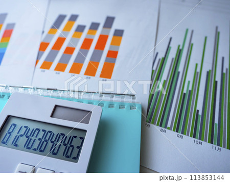 テーブルに置かれたグラフと手帳 113853144