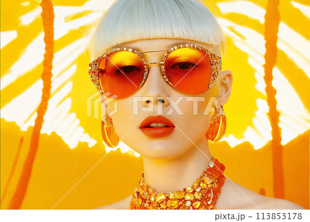 大胆なサングラスと宝石で作られたネックレスをしている女性 113853178