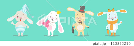 Happy Bunny Character with Long Ears Vector Set 113853210