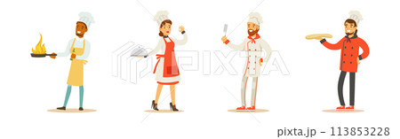 Professional Chef Man and Woman Character Stand in Uniform Vector Set 113853228
