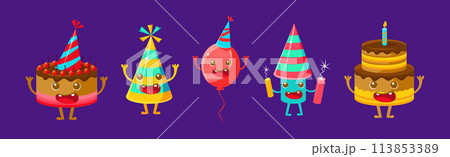 Funny Happy Birthday Character with Pretty Face Vector Set 113853389