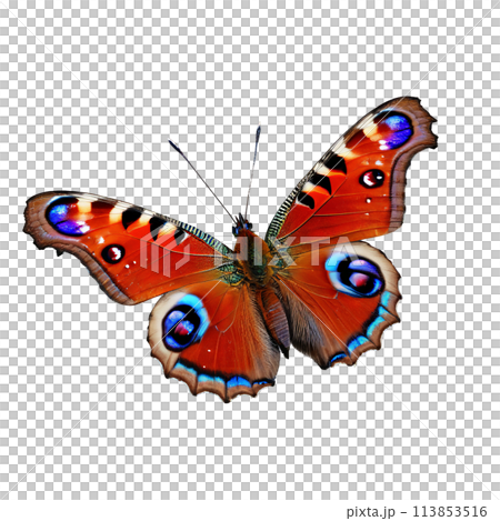 Peacock butterfly Aglais io deep red wings with prominent blue and black eyespots intricate patterns 113853516