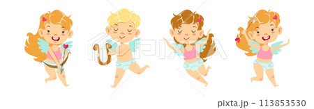 Cupid Boy and Girl Angel Character with Wings Vector Set 113853530