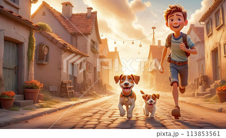 Happy boy running along the road with his dog 113853561