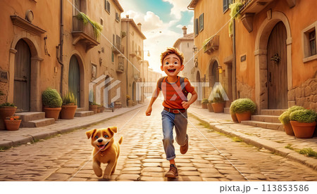 Happy boy running along the road with his dog 113853586