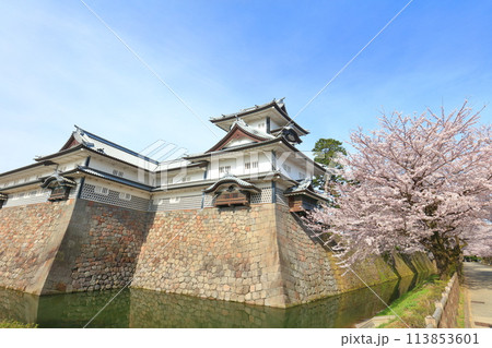 【石川県】晴天の金沢城 菱櫓と満開の桜 113853601