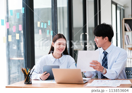 Colleagues Collaborating on Project at Office Desk 113853604