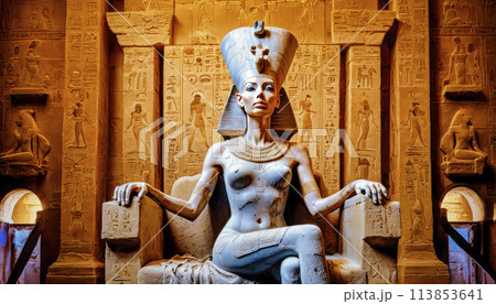 The beautiful Egyptian goddess-pharaoh Hatshepsut sits on a golden throne in the Dendera temple The beautiful Egyptian goddess-pharaoh Hatshepsut sits on a golden throne in the Dendera temple 113853641