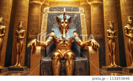 The beautiful Egyptian goddess-pharaoh Tutankhamun sits on a golden throne in the temple of Thebes The beautiful Egyptian goddess-pharaoh Tutankhamun sits on a golden throne in the temple of Thebes 113853646