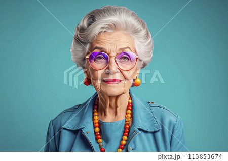 Portrait of an active bright extravagant happy elderly woman Portrait of an active bright extravagant happy elderly woman 113853674