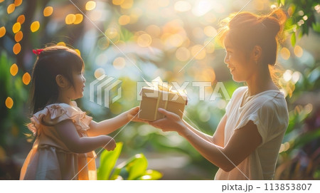 Magical Gift-Giving Moment in Golden Light Magical Gift-Giving Moment in Golden Light 113853807