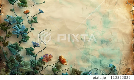 Floral Overlay on Vintage Parchment Texture 113853823
