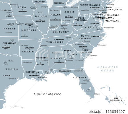 Southeast Region, South of the United States, gray political map. Geographic and cultural region, also referred to as the Southern United States, American South, Southland, Dixieland, or simply Dixie. Southeast Region, South of the United States, gray political map. Geographic and cultural region, also referred to as the Southern United States, American South, Southland, Dixieland, or simply Dixie. 113854407