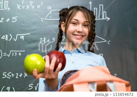 Schoolgirl girl enjoys lunch of two ripe apples Schoolgirl girl enjoys lunch of two ripe apples 113854672