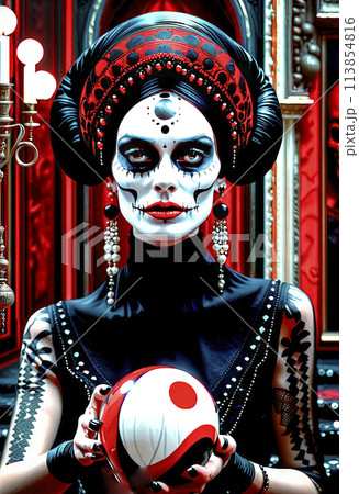 Beautiful mysterious fortune teller joker predicts fate on a magic ball Beautiful mysterious fortune teller joker predicts fate on a magic ball 113854816