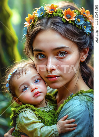 Beautiful young woman with a child in her arms, motherhood and love 113854869