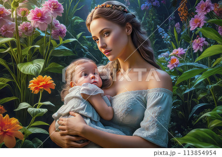 Beautiful young woman with a child in her arms, motherhood and love 113854954