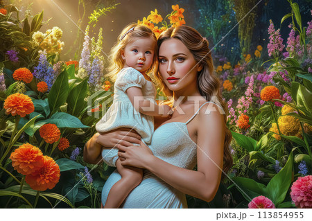 Beautiful young woman with a child in her arms, motherhood and love 113854955