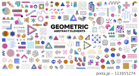 Geometric Memphis shapes, isolated vector elements set, feature vibrant, abstract patterns and ornaments, inspired by 1980s design, characterized by bold colors, sharp angles and playful compositions 113855274
