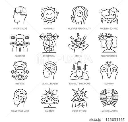 Psychological disorder problems and mental health icons, outline vector. Psychology and mind head line symbols of depression, stress and hysteria, empathy and panic attack or brain mental disorders 113855365