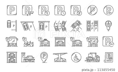 Automatic garage service and parking line icons, car park and vehicle valet, vector linear symbols. Parking lot icons and signs for automated garage 24 hours, bicycle and disabled access to parking Automatic garage service and parking line icons, car park and vehicle valet, vector linear symbols. Parking lot icons and signs for automated garage 24 hours, bicycle and disabled access to parking 113855450