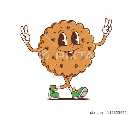 Cartoon retro cookie groovy character or funky pastry as 70s hippie, vector comic personage. Happy groovy cookie with face and peace fingers sign gesture, 70s hippie or hipster art dessert character 113855472