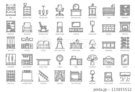Furniture icons, home interior. House interior item, apartment modern furniture thin line vector pictograms or outline symbols with couch, dresser, bookshelf and desk, lamp, wardrobe, coffee table 113855512