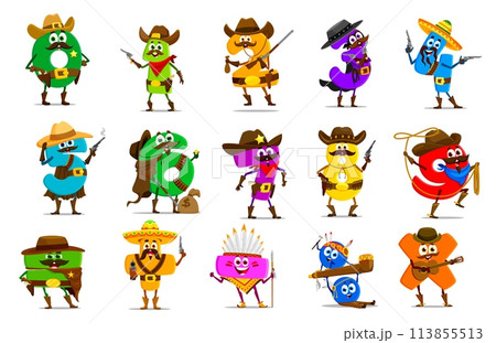 Cartoon cowboy and sheriff, native american math number characters. Vector zero, one and two, three and four, five, six or seven, eight and nine. Plus, minus with division, equal, multiplication signs Cartoon cowboy and sheriff, native american math number characters. Vector zero, one and two, three and four, five, six or seven, eight and nine. Plus, minus with division, equal, multiplication signs 113855513