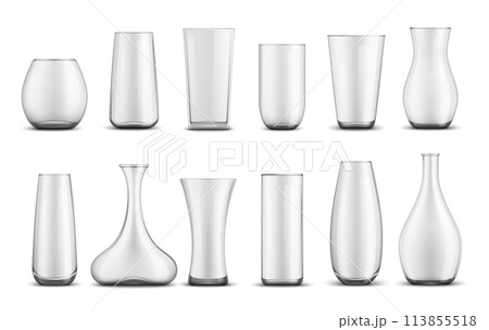 Realistic glass flower vases. Vector 3d empty transparent glass containers isolated mockups for cut flowers or plants. Clear glassware, round bowls, tall cylindrical and curved shape vases, room decor Realistic glass flower vases. Vector 3d empty transparent glass containers isolated mockups for cut flowers or plants. Clear glassware, round bowls, tall cylindrical and curved shape vases, room decor 113855518