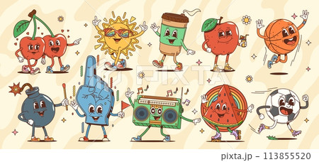 Cartoon groovy characters, cherry and apple, watermelon and bomb, soccer and basketball balls, coffee cup and sun, fan glove and tape recorder. Vector funky personages in hippie vintage cartoon style 113855520