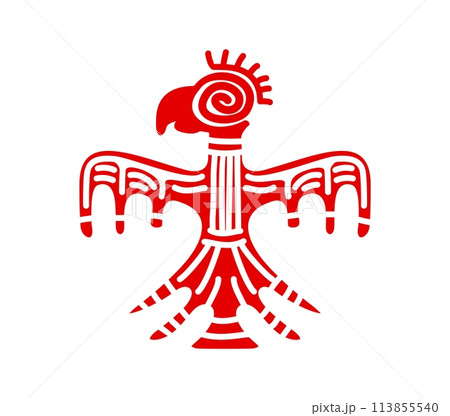 Eagle red bird Mayan Aztec totem. Isolated vector majestic tribal tattoo or religious sign of freedom, power, vision and spiritual connection, embodying strength and wisdom within the ancient culture Eagle red bird Mayan Aztec totem. Isolated vector majestic tribal tattoo or religious sign of freedom, power, vision and spiritual connection, embodying strength and wisdom within the ancient culture 113855540