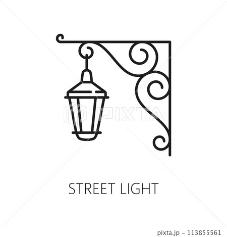 Street light outline icon. Isolated vector classic lamp post with a curved, ornate top and hanging lantern, evoking a charming urban atmosphere. Black and white linear lamppost in vintage style 113855561