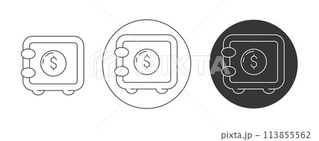 Safe with dollar sign. Vector icon set, editable stroke. Flat line, pictogram. Finance and business concept. For app, website, ui. Isolated background. 113855562