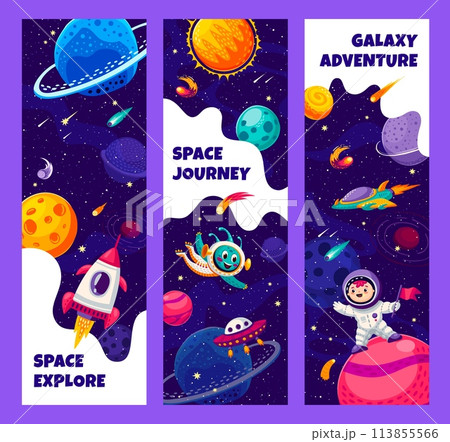 Galaxy adventure and space explore banners. Cosmos exploration, space research vector background with cheerful kid and alien, astronaut characters, spaceships flying in outer space, galaxy planets 113855566