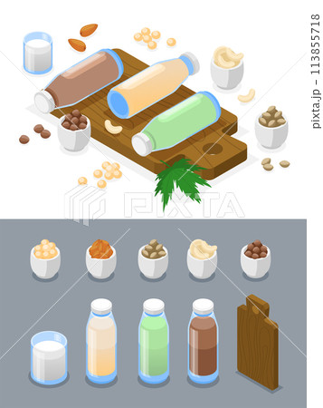 Isometric vegan milk icons with illustration of different types of organic milk 113855718