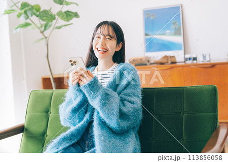 ソファでスマホを使う女性 113856058