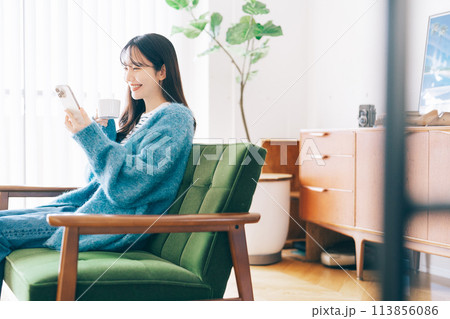 ソファでスマホを使う女性 113856086