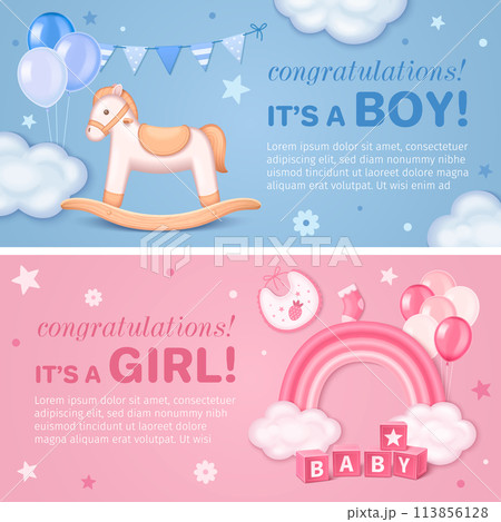 Realistic baby shower horizontal banner template collection for boys and girls with rainbow and baby toys 113856128