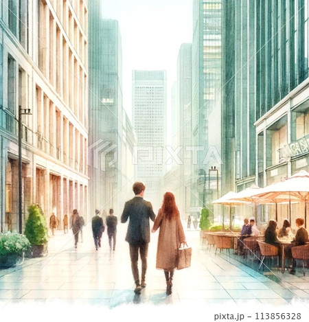 水彩で描いた街並みを歩く男女④ 水彩で描いた街並みを歩く男女④ 113856328