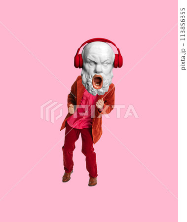 Man with antique statue bust, in red suit listening to music in headphones and dancing. Contemporary art collage. 113856355