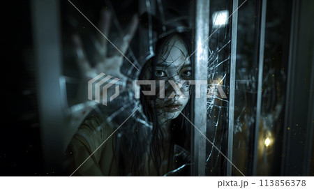 ゾンビの恰好をした日本人女性が割れた窓ガラスの隙間から見ている ゾンビの恰好をした日本人女性が割れた窓ガラスの隙間から見ている 113856378